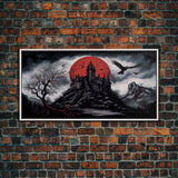 Horror Art, Haunted Castle and Blood Moon, Framed Canvas Print, Goth Art, Gothic Decor, Cool Wall Art