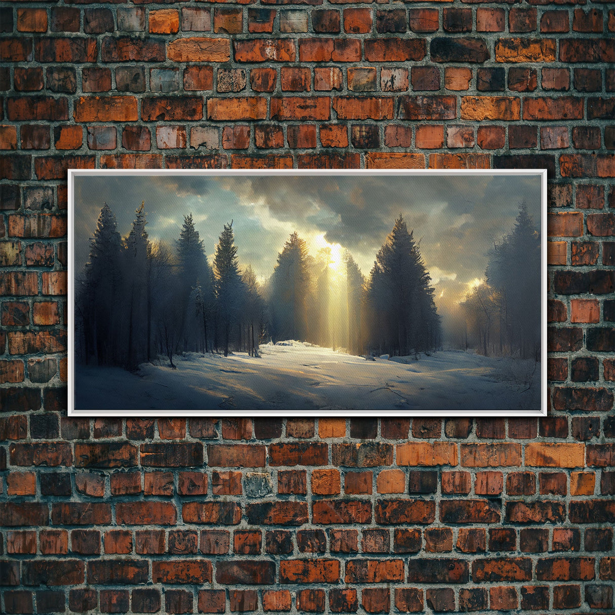 Snowy Forest Canvas Print, Scenic nature landscape, winter art, sunlight shining through the trees, Framed Wall Art