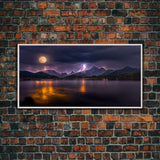 Full moon canvas print, Lightning storm over a mountain lake at night, cool wall art, awesome wall art