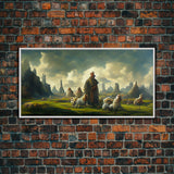 Shepherd and his flock, sheep painting, farmhouse art, watercolor canvas print, Giclee print