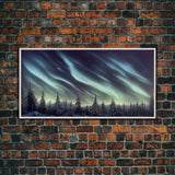 Aurora borealis over a snowy northern forest, canvas print, scenic winter landscape art, northern lights