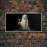 Silly Ghost Holding A Candle, Framed Canvas Print, Dark Academia Wall Art, Victorian Oil Painting Style Halloween Wall Art, Ghost Print