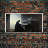 Grim Reaper Playing The Piano, Framed Canvas Print, Cool Halloween Decor, Wild West Themed Halloween Art