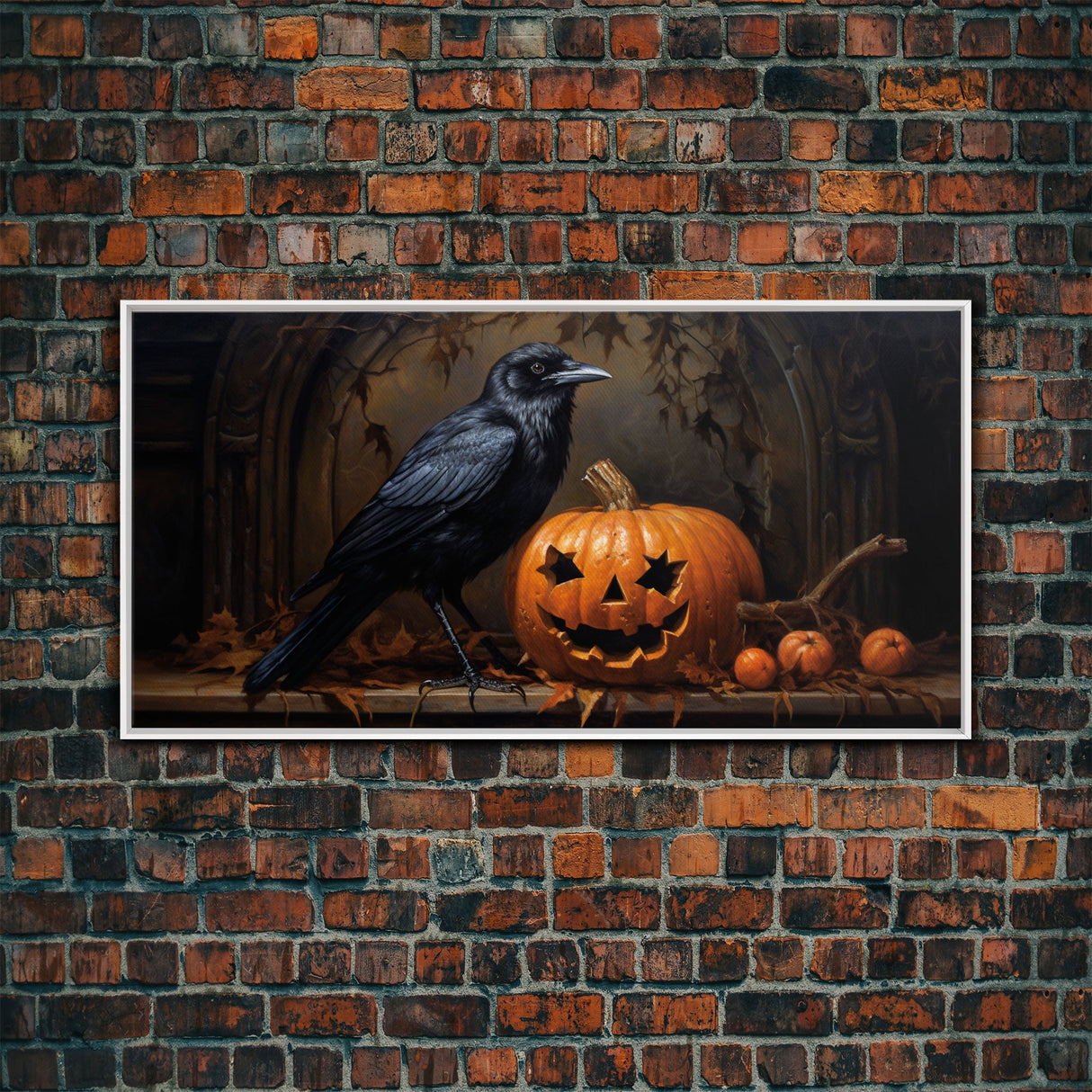 Spooky Crow Print, The Raven and The Jack O Lantern, Halloween Wall Art, Victorian Oil Painting, Dark Academia, Goth Art