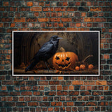 Spooky Crow Print, The Raven and The Jack O Lantern, Halloween Wall Art, Victorian Oil Painting, Dark Academia, Goth Art