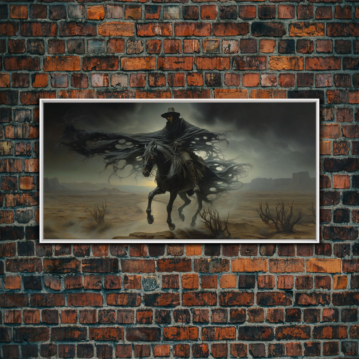 Ghost Cowboy Art, Framed Canvas Print, Halloween art, spooky decor, cowboy art, western decor, grim reaper on a horse in the desert