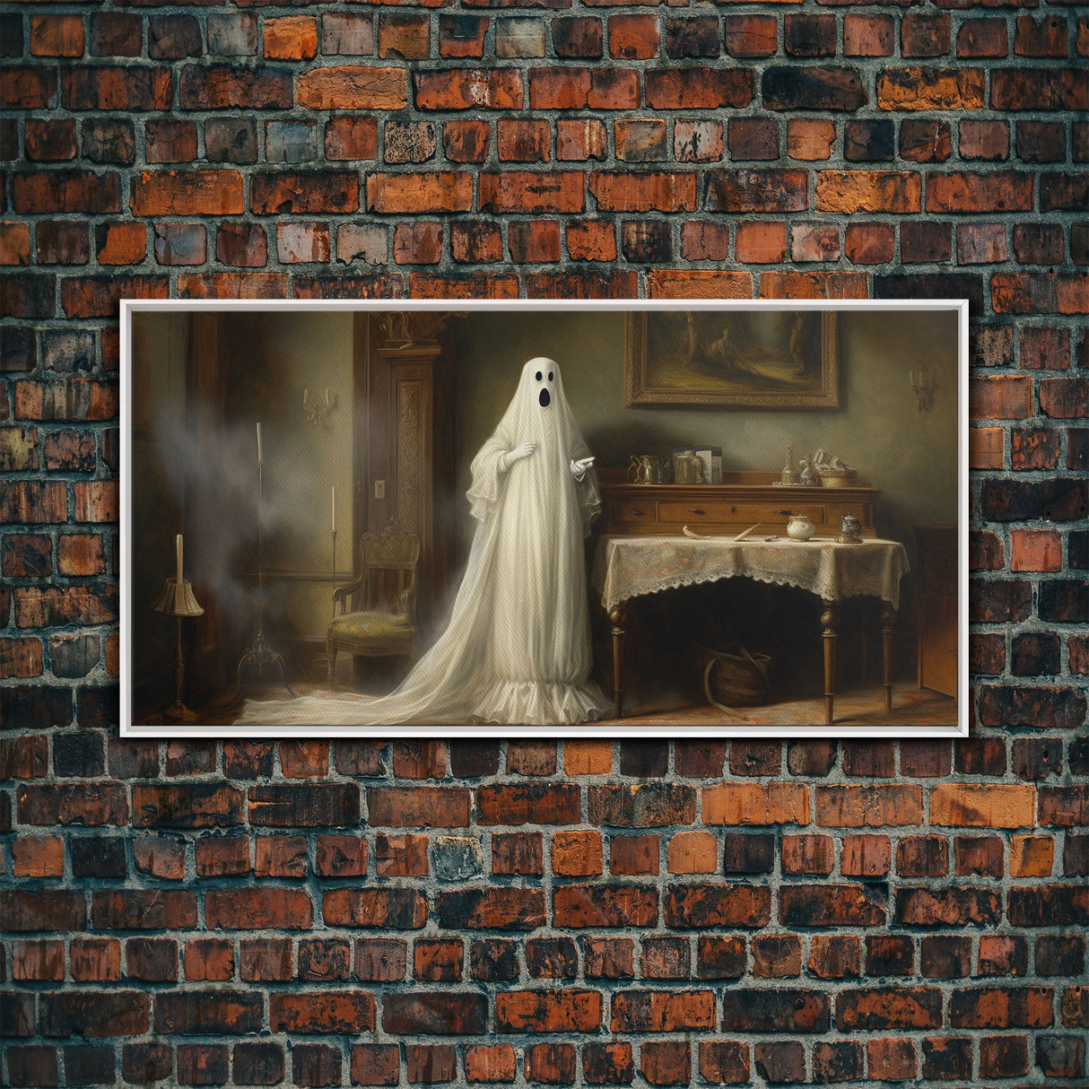 Sheet Ghost Wall Art, Framed Canvas Print, halloween decor, Halloween wall art,  ghost print, dark academia, victorian oil painting