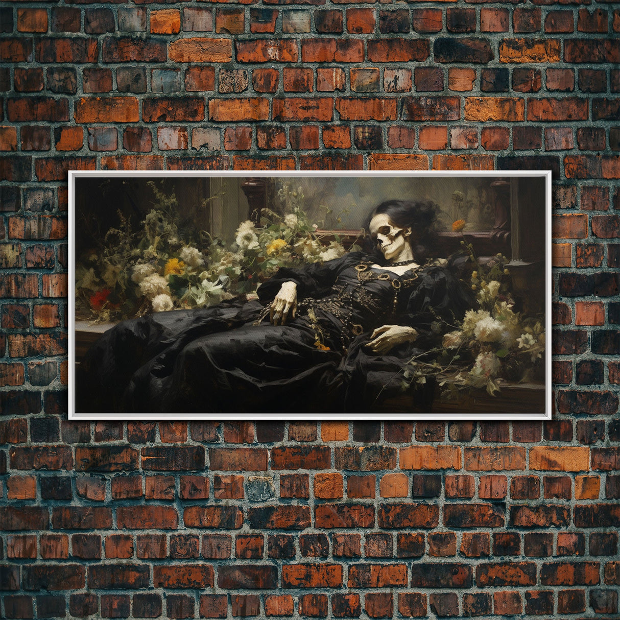I'll Just Take A Quick Nap, Framed Canvas Print, Creepy Victorian Oil Painting, Halloween Art Prints, Skeleton Painting