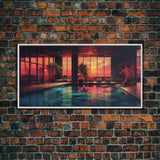 Midcentury Modern Wall Art, Framed Canvas Print, Retro MCM Decor, Minimalist Decor, Sunset Over An Indoor Pool, Eclectic Architecture Art