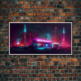 Neon Cyberpunk Diner, Retrofuturism, Framed Ready To Hang Canvas Print, beautiful wall art, guest room decor