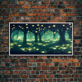 Fireflies At Night In A Fantasy Forest,  Framed Ready To Hang Canvas Print, beautiful wall art, guest room decor