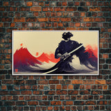 Japanese Samurai Superimposed Over Mountains, ready to hang canvas print wall art, framed canvas wall art, mancave wall art