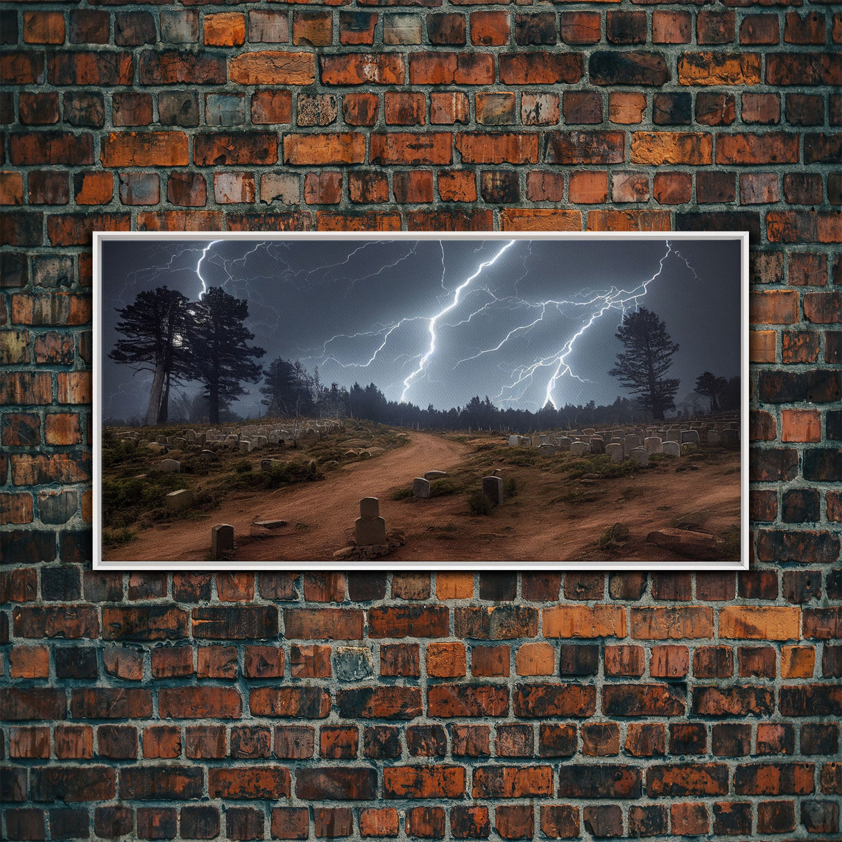 Gloomy Haunted Graveyard At Night, Lightning Storm, Halloween Cemetery Art, ready to hang canvas print wall art