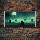Halloween Cemetery At Night, Full Moon, Spooky Creepy Graveyard, ready to hang canvas print wall art