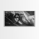 Surfer Waving A Skull and Crossbones Flag While Surfing - Framed Canvas Print - Cool Modern Art - Office / Mancave Decor Gift For Him