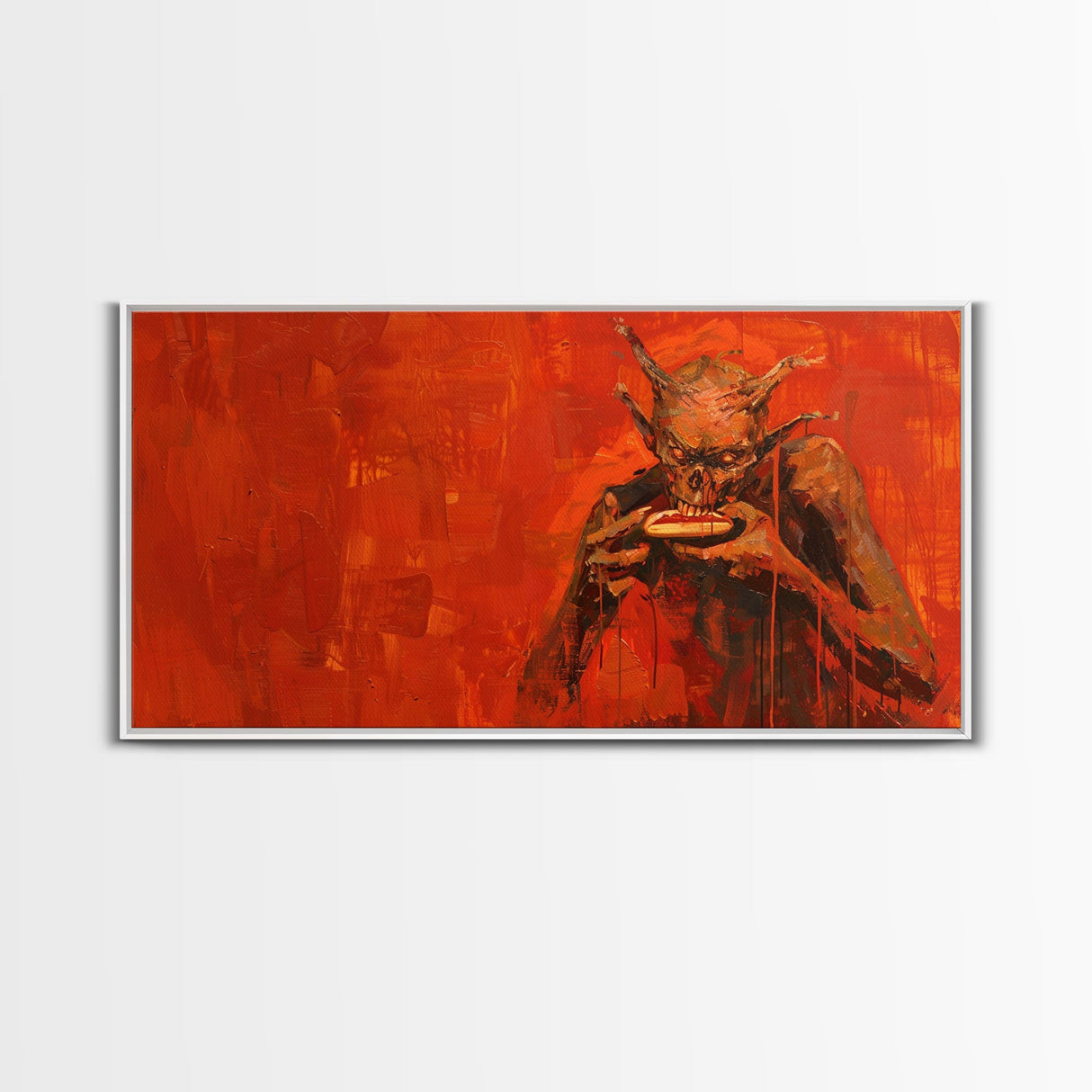 Scary Demon Having a Hot Dog, must be a baseball fan. Funny Halloween Wall Art Framed Canvas Print
