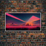 Cyberpunk lake art, city canvas, video game concept art, living room wall art, dystopian art, outrun city at sunset, man cave canvas print