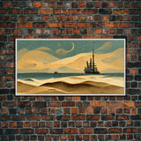 Art deco canvas print, pirate ship at sea beyond the sand dunes, living room wall art
