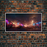 Destitute cyberpunk city with neon signs wall art, Bladerunner vibes art, synthwave style art, cool wall art