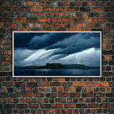 Rainstorm wall art, canvas print, ready to hang, fast moving storm over an island castle, cool wall art
