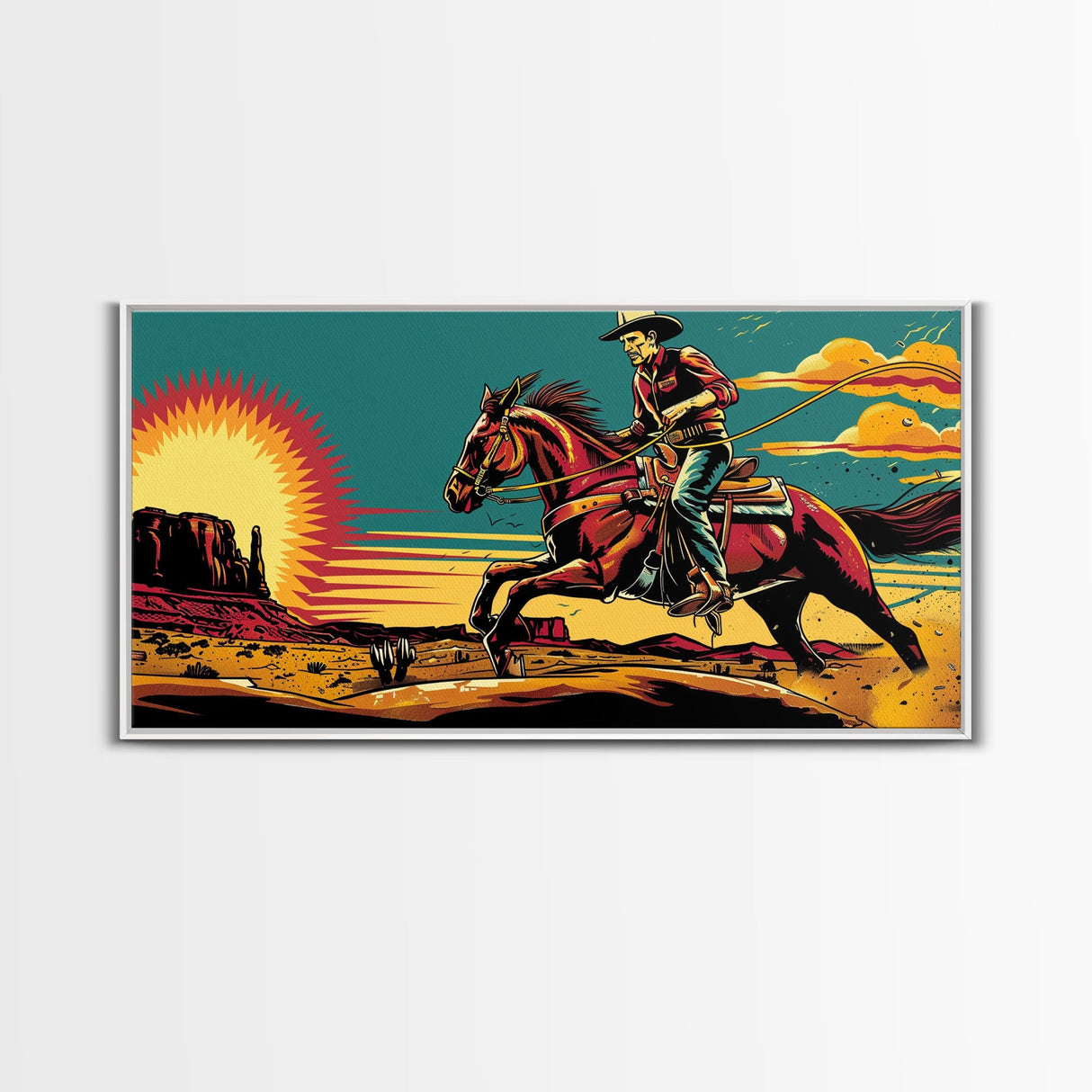 Cowboy Riding Through Desert, Southwestern Landscape Art, Framed Canvas Print, Boho Decor, Desert Art, Rustic Wall Art