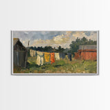 Sunny Day on the Farm with Clothesline, Framed Canvas Print, Rustic Wall Art, Living Room Decor, Farmhouse Style, Country Scene
