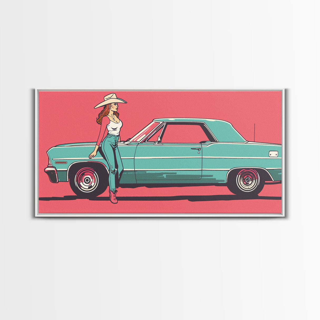 Cowgirl Leaning Against Classic Car in Pop Art Style, Vibrant Framed Canvas Print for Bedroom, Perfect Living Room Wall Art