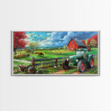 Green Tractor and Red Barn in Lush Fields, Perfect Farmhouse Art, Framed Canvas Print, Rural Wall Decor, Living Room Decoration