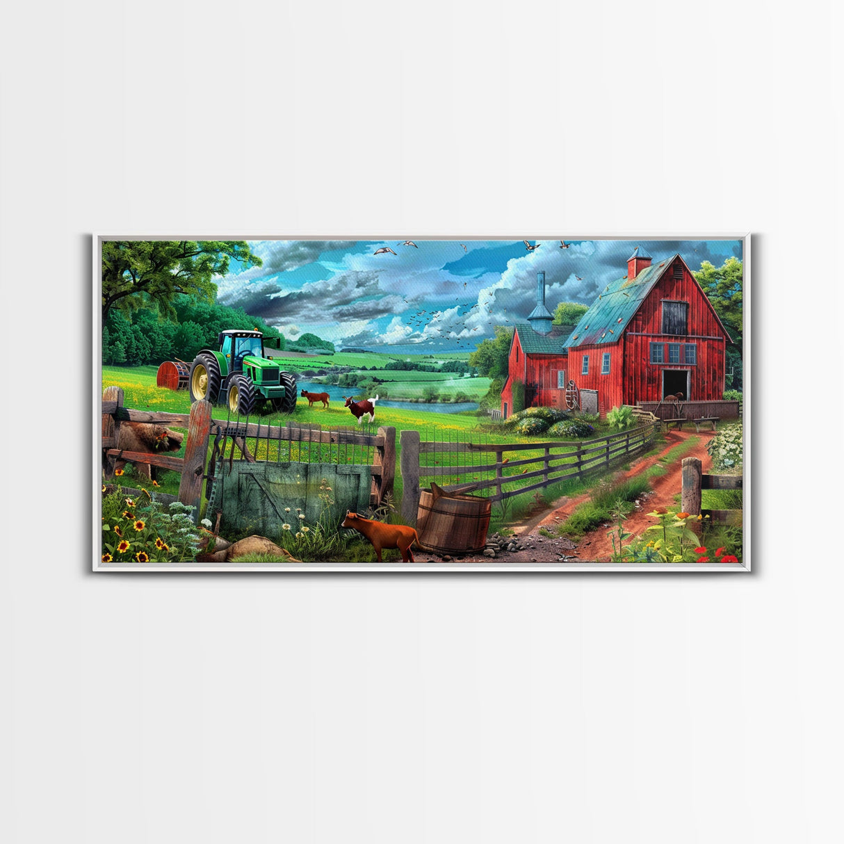 Green Tractor and Red Barn with Farm Animals, Vibrant Rural Art, Framed Canvas Print, Country Wall Decor, Living Room Decoration