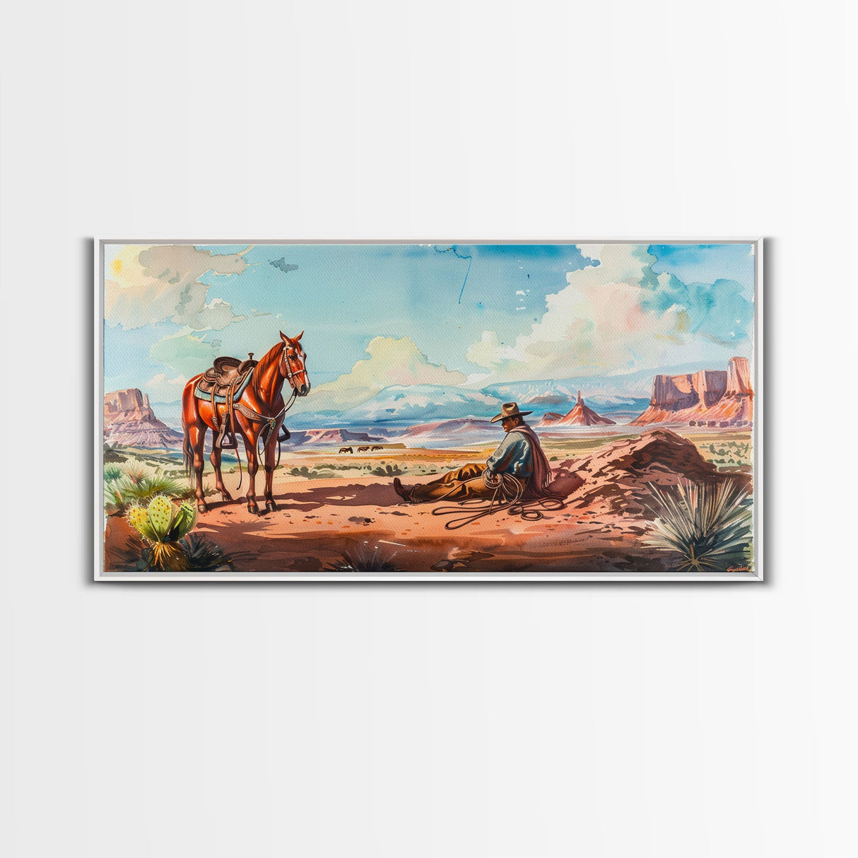 Cowboy Resting with Horse in Desert Landscape, Classic Western Art, Framed Canvas Print, Rustic Wall Decor, Living Room Decoration
