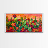 Bright Desert Flowers and Cacti with Mountains, Vibrant Framed Canvas Print for Home, Boho Wall Art, Nature Lover's Decor