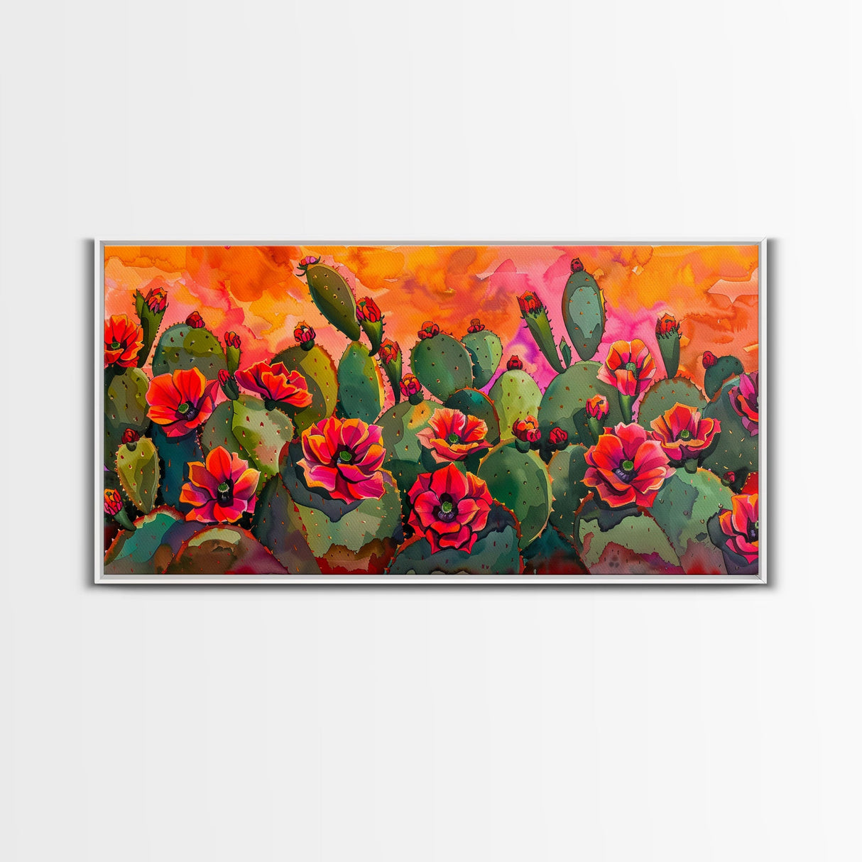 Lush desert landscape with blooming cacti at sunset, Framed Canvas Print, ideal for minimalist living room, wall art decor