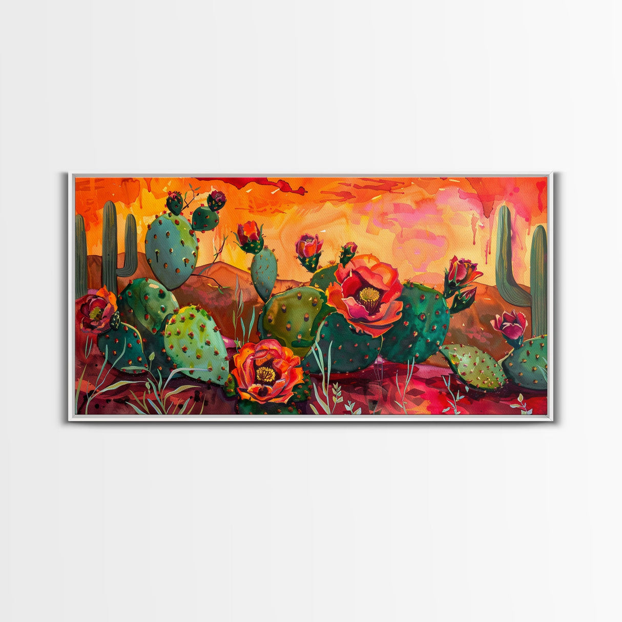 Prickly pear cacti with vibrant blooms in desert scene, Framed Canvas Print, great for modern living room, boho wall decor