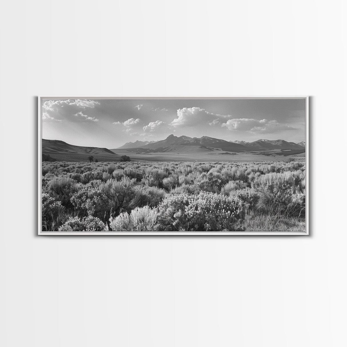 Mountain Range with Rolling Hills and Sagebrush, Framed Canvas Print Farmhouse Living Room Wall Art, Rustic Home Decor, Scenic Landscape Art
