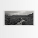 River and Rolling Hills Under Cloudy Sky, Black and White Framed Canvas Print Rustic Farmhouse Living Room Decor, Landscape Art, Home Decor