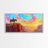 Cowboy on Horse Under Vibrant Sky, Farmhouse Style Framed Canvas Print for Bedroom Wall Art, Rustic Home Decor, Western Scenic Art