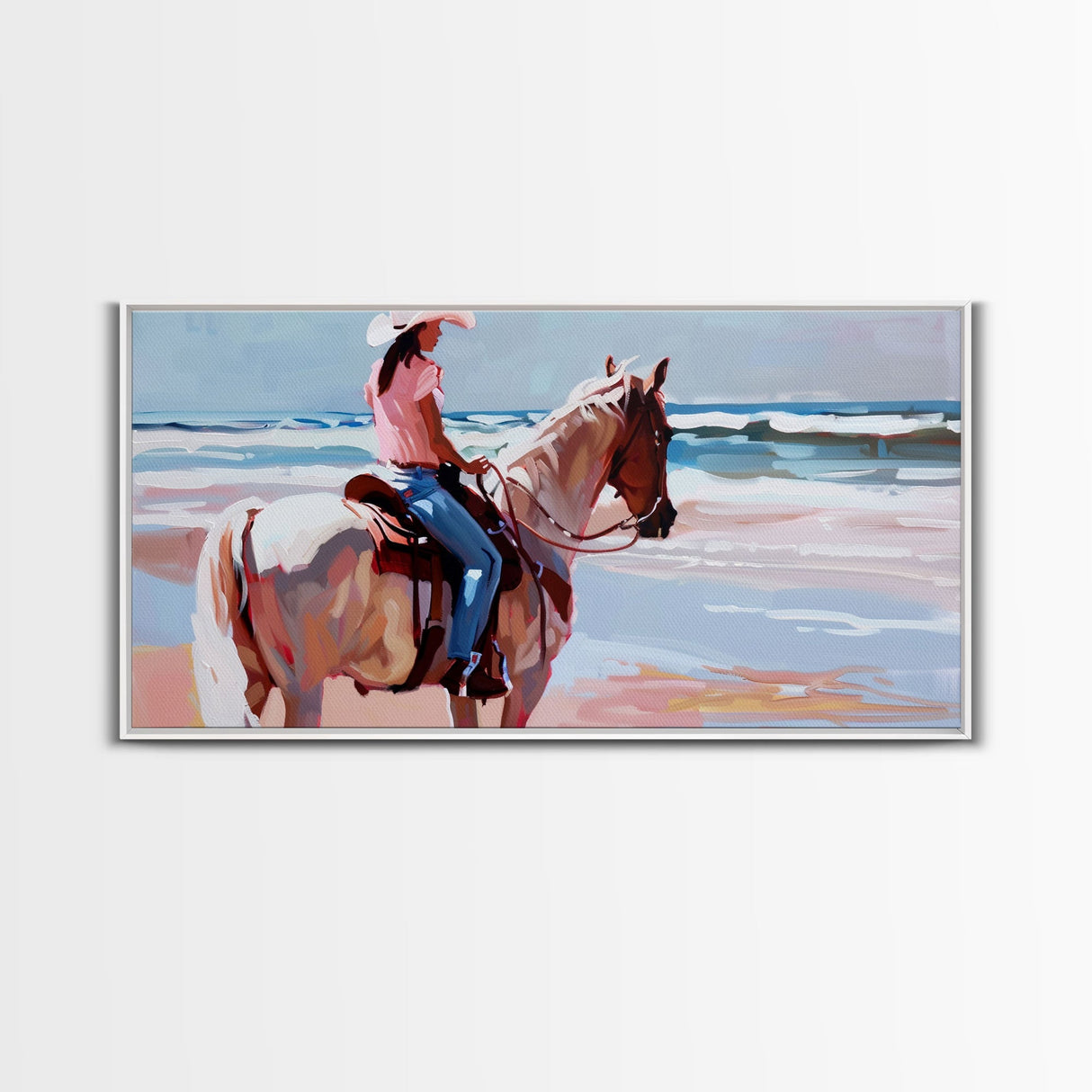 Horseback Riding by the Sea, Calm Framed Canvas Print, Perfect for Coastal Living Room Art, Beach Bedroom Decor, Equestrian Wall Art