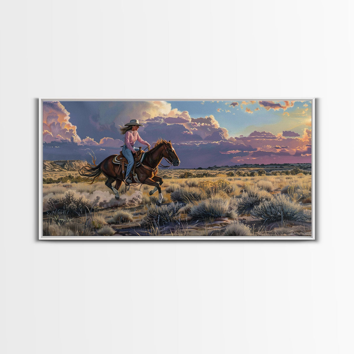 Cowgirl Galloping Across Desert Landscape, Vibrant Framed Canvas Print, Perfect for Living Room Art, Western Bedroom Decor, Desert Wall Art