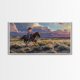 Cowgirl Galloping Across Desert Landscape, Vibrant Framed Canvas Print, Perfect for Living Room Art, Western Bedroom Decor, Desert Wall Art