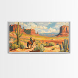 Cowboy in Desert Valley, Framed Canvas Print for Rustic Living Room Decor, Western Art for Home and Bedroom Decoration