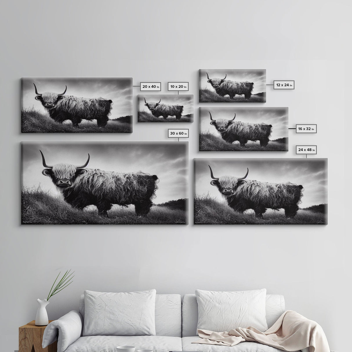 Highland cow, calf art, highland cow black and white watercolor, framed canvas print, bull wall art