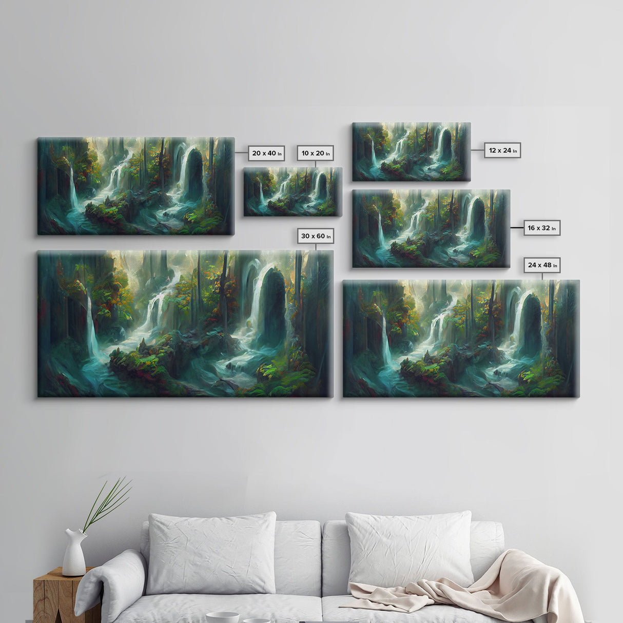 Waterfall wall art, canvas print, giclee, fantasy wall art, water color, nature wall decor, water landscape art, serenity art