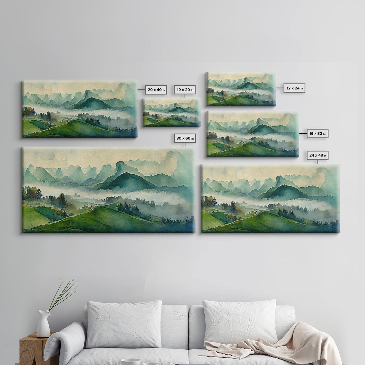 Green Blue Foggy Mountain Valley Watercolor Canvas Art Print, Panoramic Misty Rolling Hills Landscape, Extra Large Panorama Print