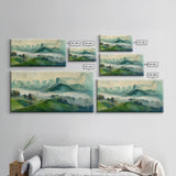 Green Blue Foggy Mountain Valley Watercolor Canvas Art Print, Panoramic Misty Rolling Hills Landscape, Extra Large Panorama Print