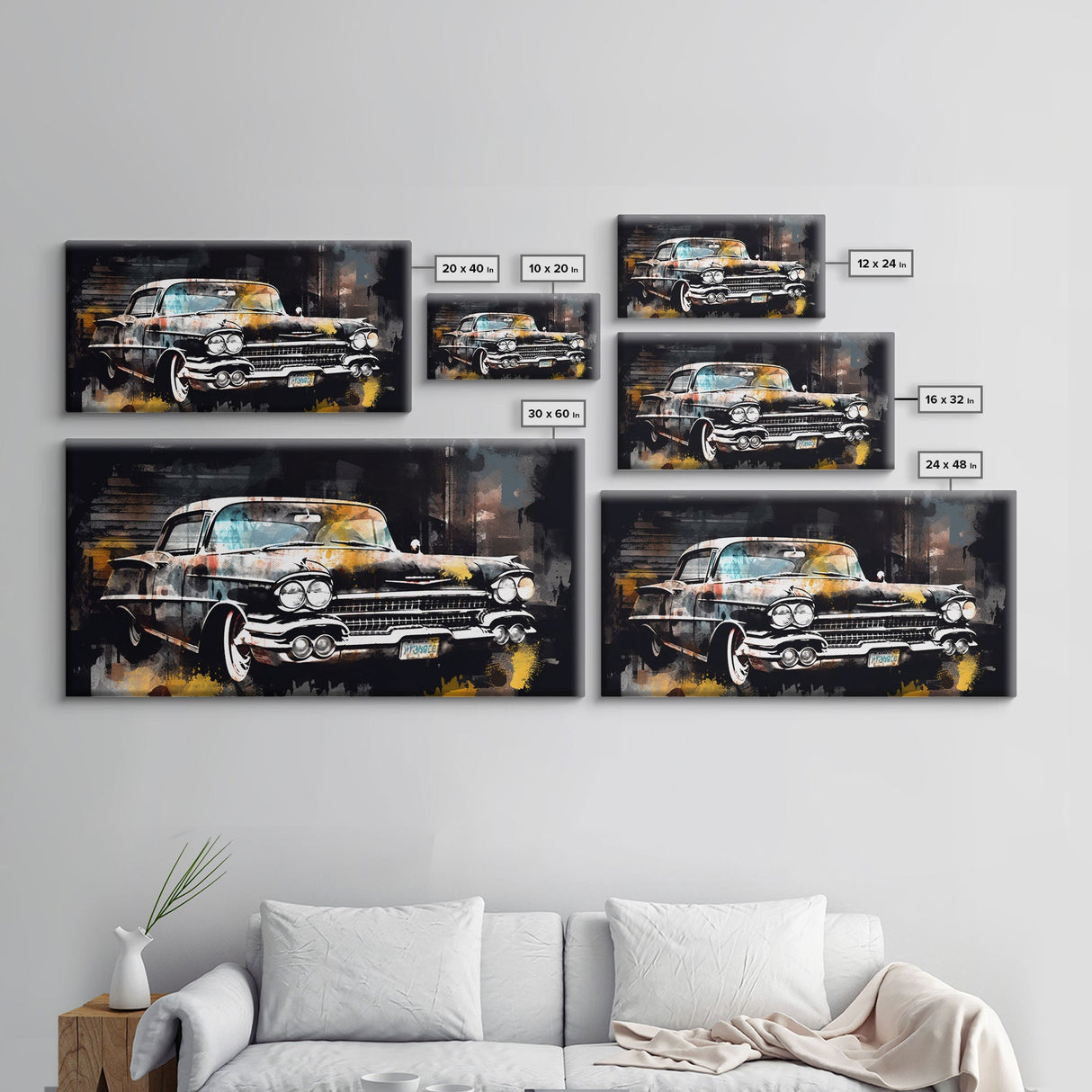 Vintage Car Wall Decor, Retro Car Wall Art, Garage Wall Art, Grunge Art, Panoramic Wall Decor, Canvas Print, Wall Art, Framed Canvas Art