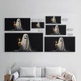 Silly Ghost Holding A Candle, Framed Canvas Print, Dark Academia Wall Art, Victorian Oil Painting Style Halloween Wall Art, Ghost Print