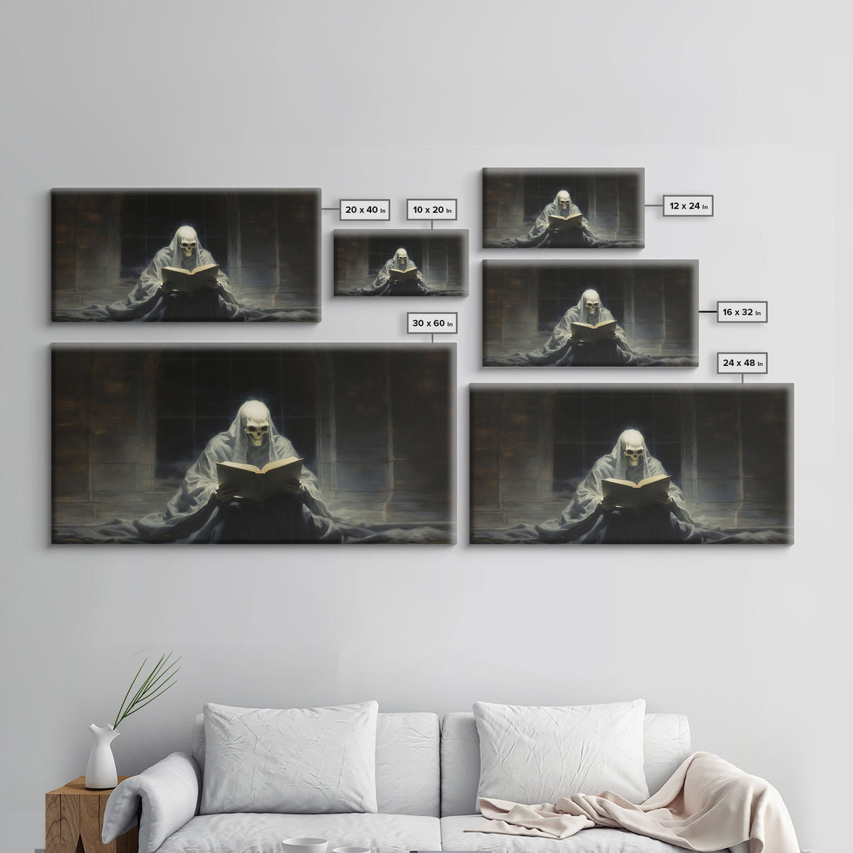Grim Reaper Reading A Book In A Haunted Library, Framed Canvas Print, Victorian Oil Painting Style, Spooky Halloween Decor, Goth Art
