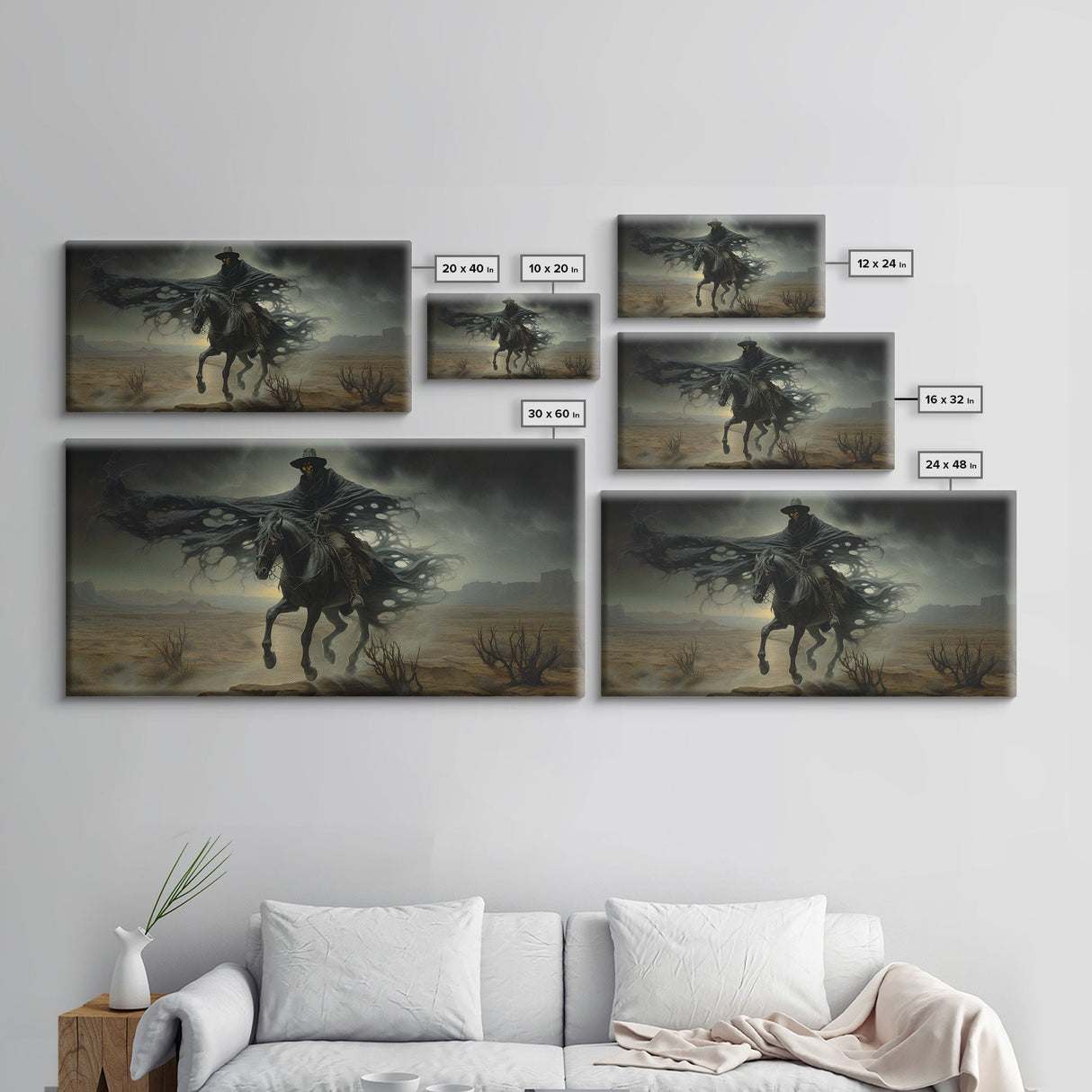 Ghost Cowboy Art, Framed Canvas Print, Halloween art, spooky decor, cowboy art, western decor, grim reaper on a horse in the desert