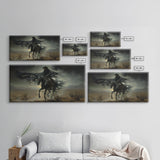 Ghost Cowboy Art, Framed Canvas Print, Halloween art, spooky decor, cowboy art, western decor, grim reaper on a horse in the desert