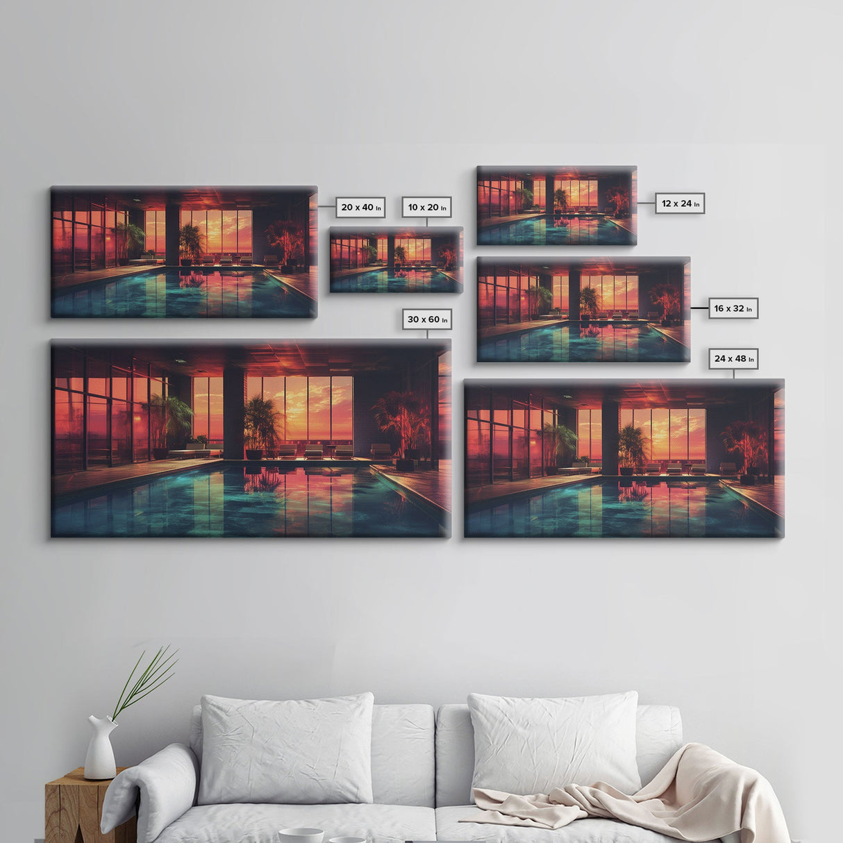 Midcentury Modern Wall Art, Framed Canvas Print, Retro MCM Decor, Minimalist Decor, Sunset Over An Indoor Pool, Eclectic Architecture Art